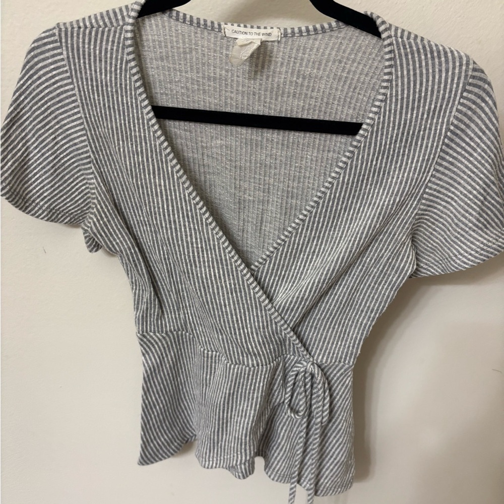 Caution To The Wind Gray Striped Wrap Blouse
